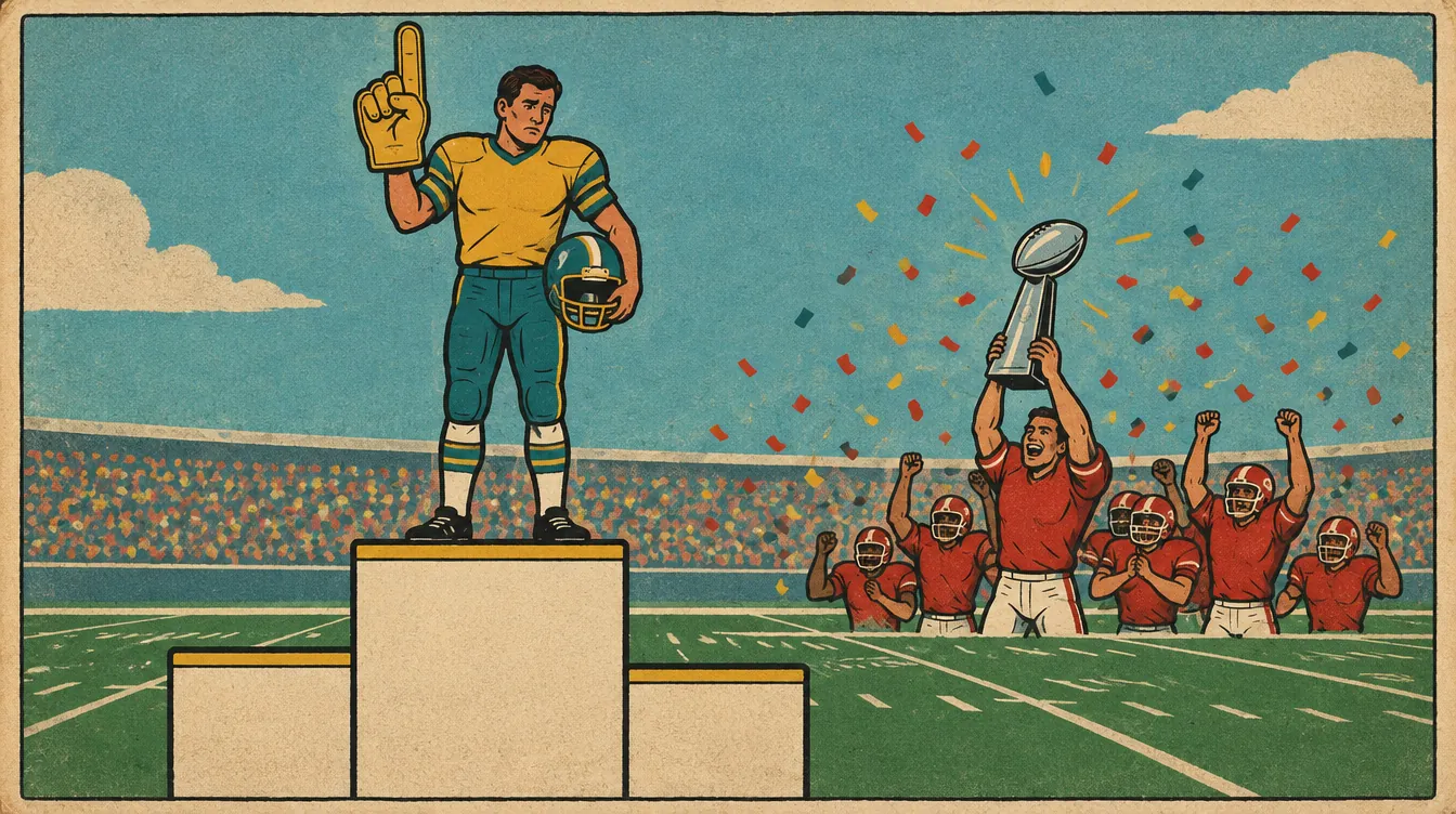 Ilustración: un jugador solo en el podio del primer lugar mientras otro levanta el trofeo detrás de él.